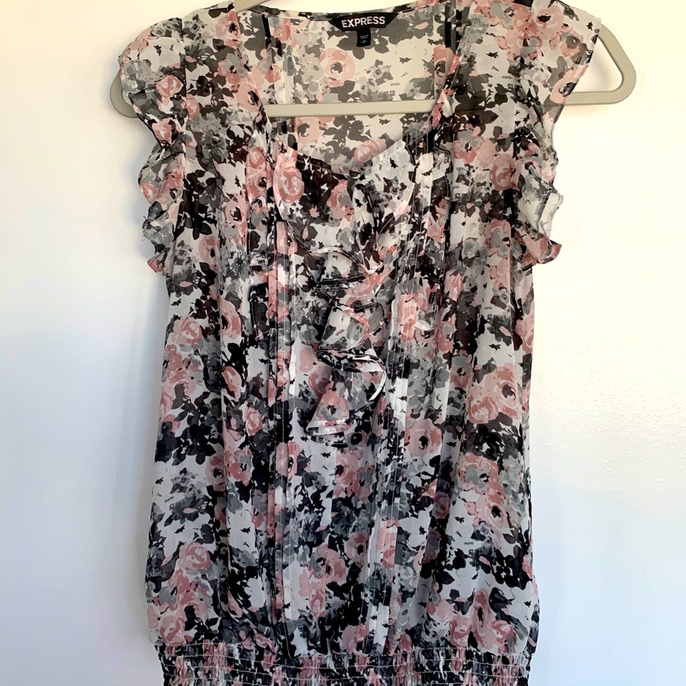 Floral ruffle cap sleeve sheer top